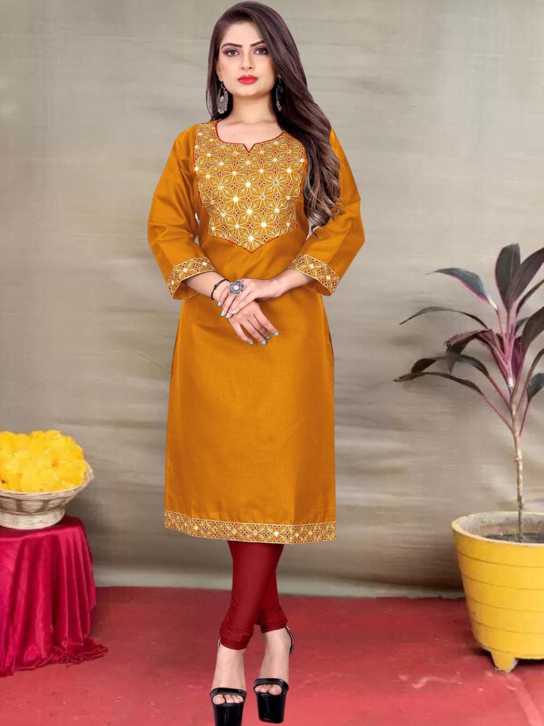 

MAGMINA Ethnic Motifs Embroidered Mirror Work Notch Neck Regular Straight Kurta, Mustard