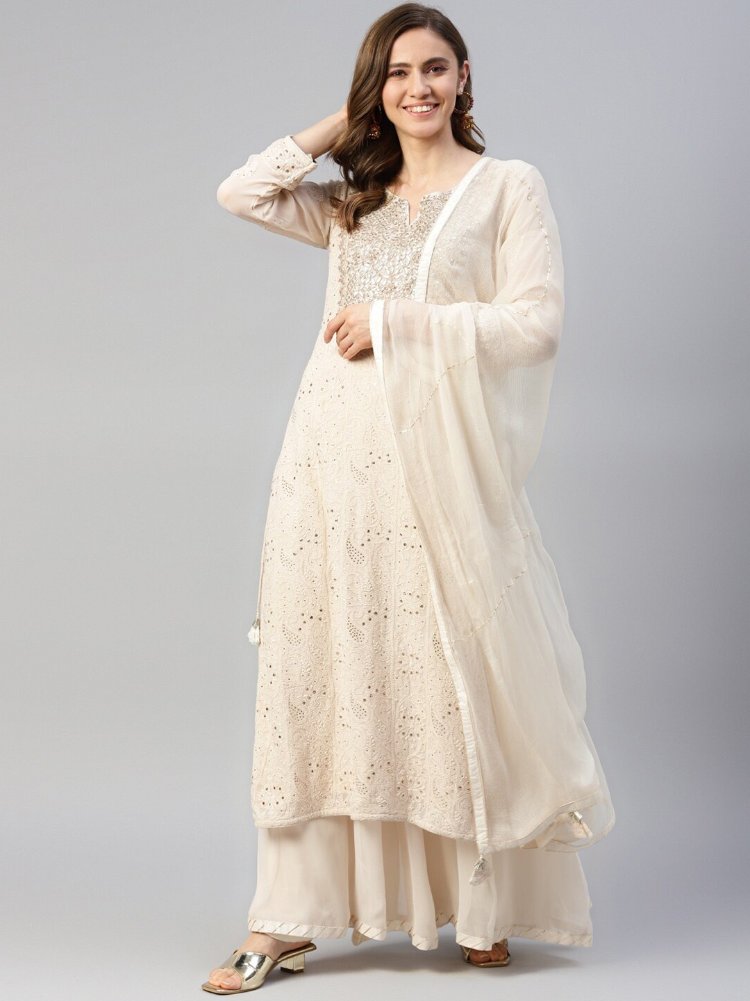 

Chandbaali Floral Embroidered Regular Zardozi Silk Georgette Kurta With Sharara & Dupatta, White