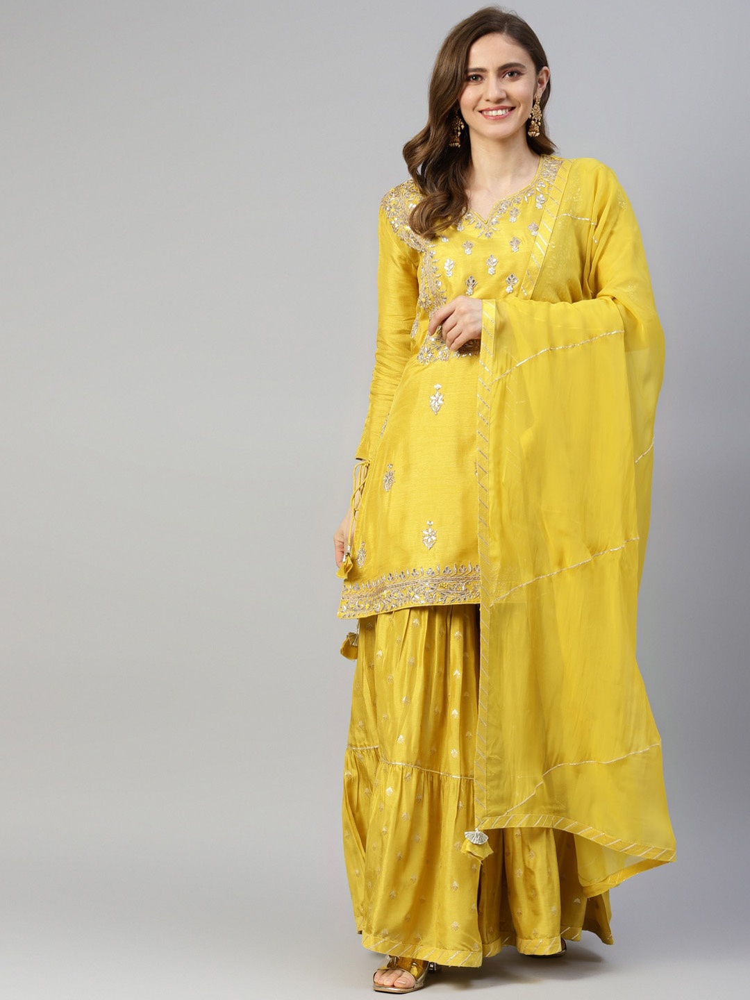 

Chandbaali Floral Embroidered Regular Zardozi Chanderi Silk Kurta With Sharara & Dupatta, Yellow