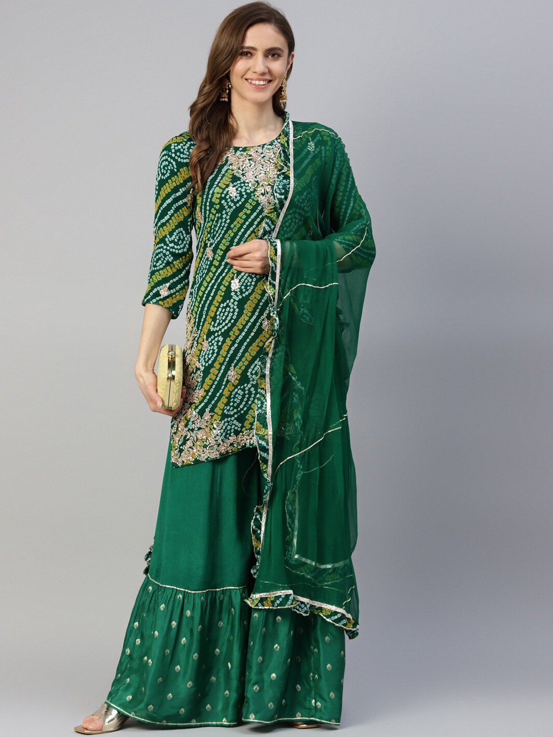 

Chandbaali Bandhani Embroidered Regular Zardozi Silk Chiffon Kurta With Sharara & Dupatta, Green