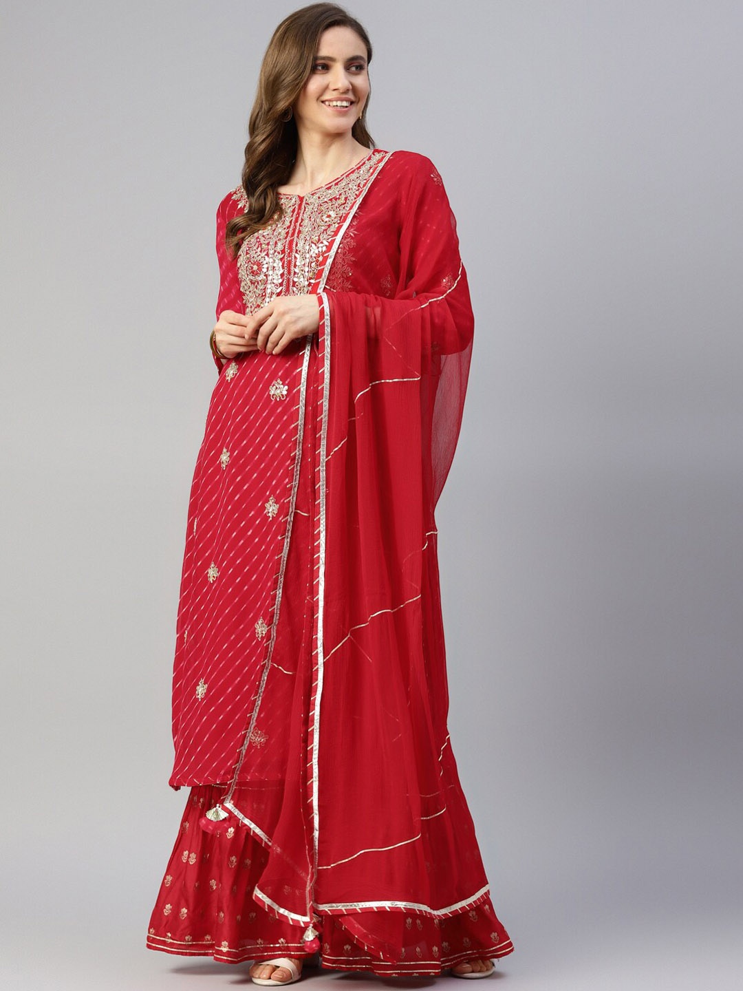 

Chandbaali Leheriya Embroidered Zardozi Silk Georgette Kurta With Sharara & Dupatta, Red