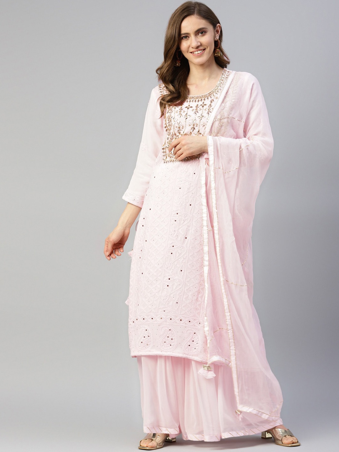 

Chandbaali Floral Embroidered Regular Zardozi Silk Georgette Kurta With Palazzos & Dupatta, Pink