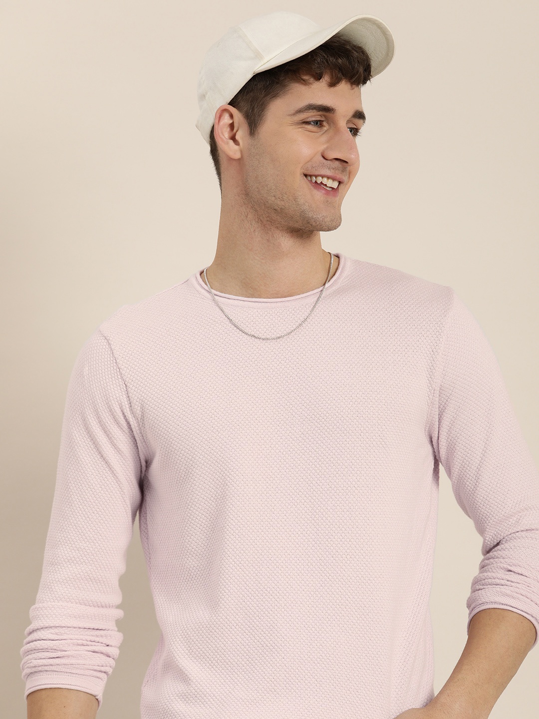 

HERE&NOW Men Cable Knit Pure Cotton Pullover, Peach