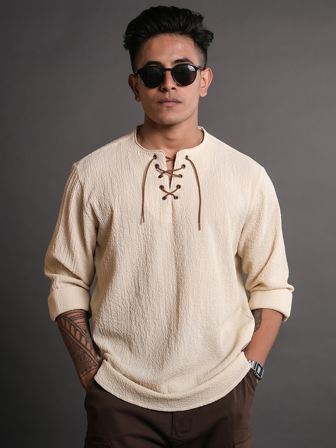 

Powerlook Collarless India Slim Casual Shirt, Cream