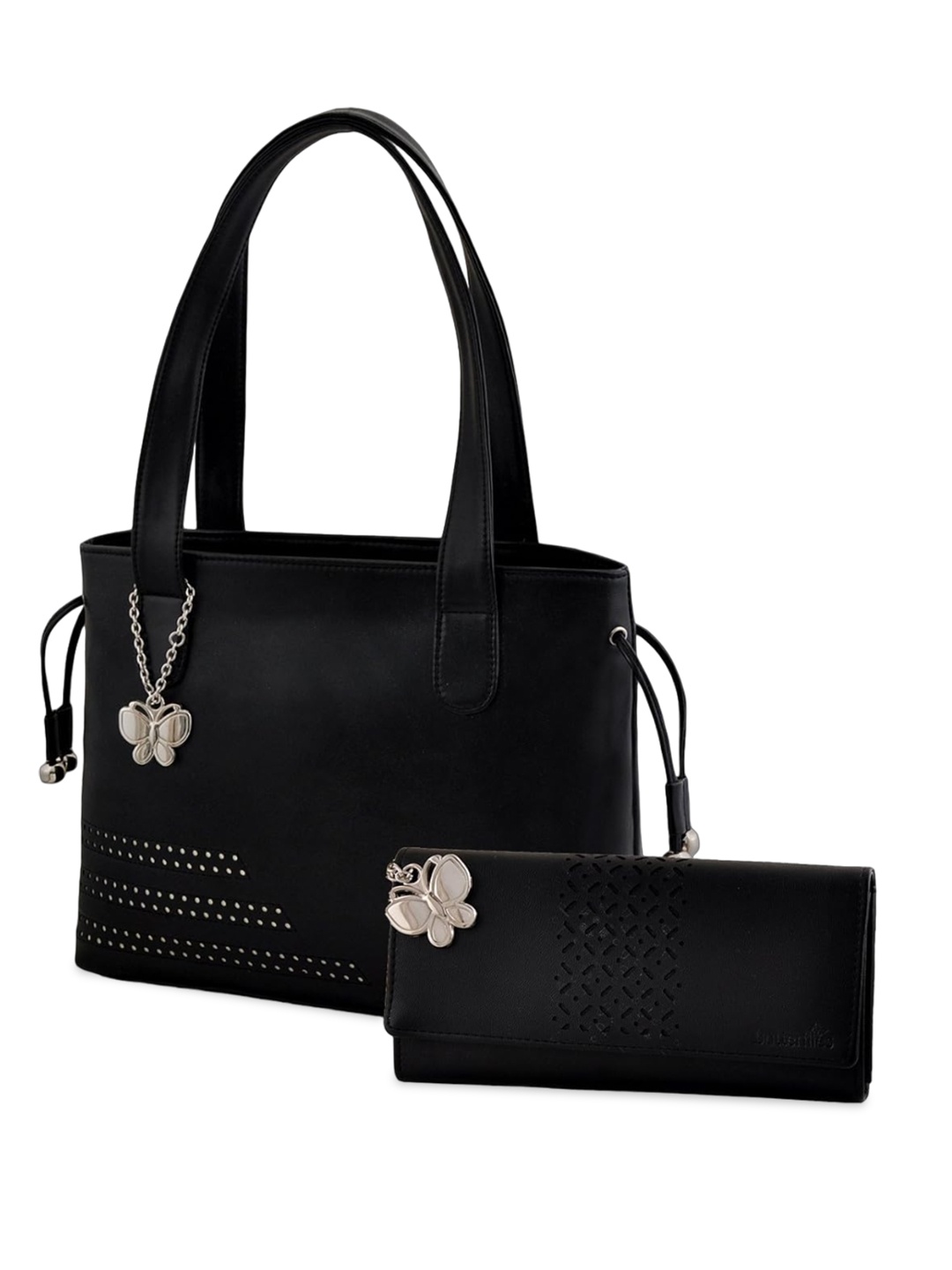 

Butterflies Structured Shoulder Bag with Pouch, Black