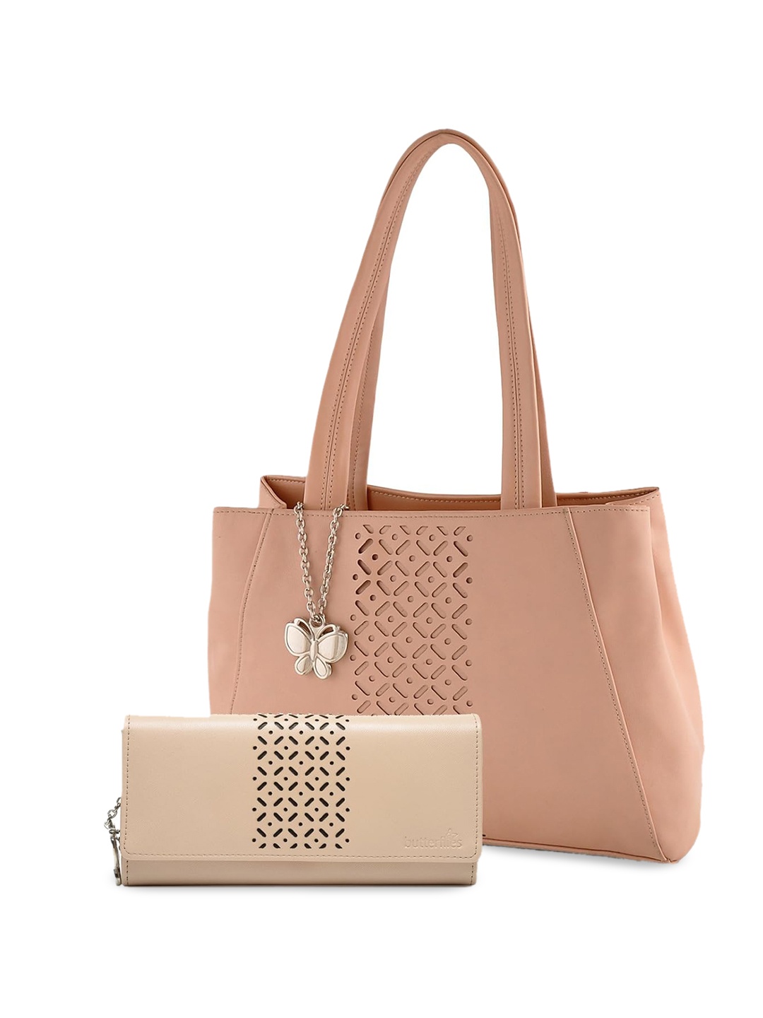 

Butterflies Structured Cut Work Shoulder Bag with Wallet, Peach