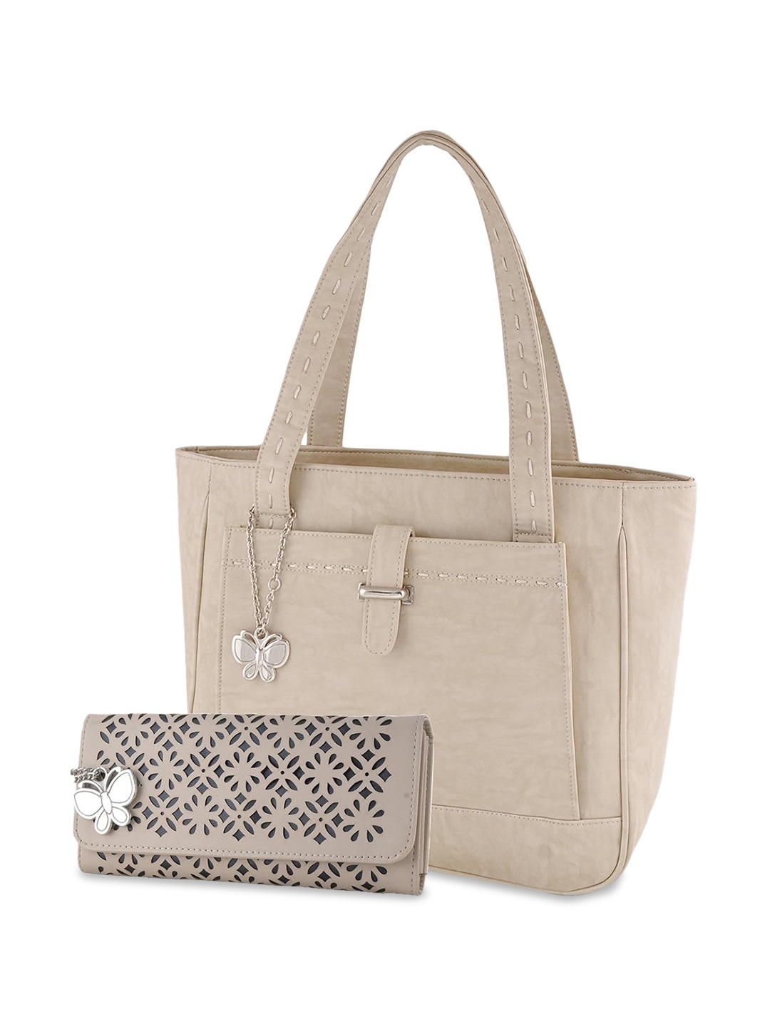 

Butterflies Pack of 2 Oversized Structured Handheld Bag, Cream
