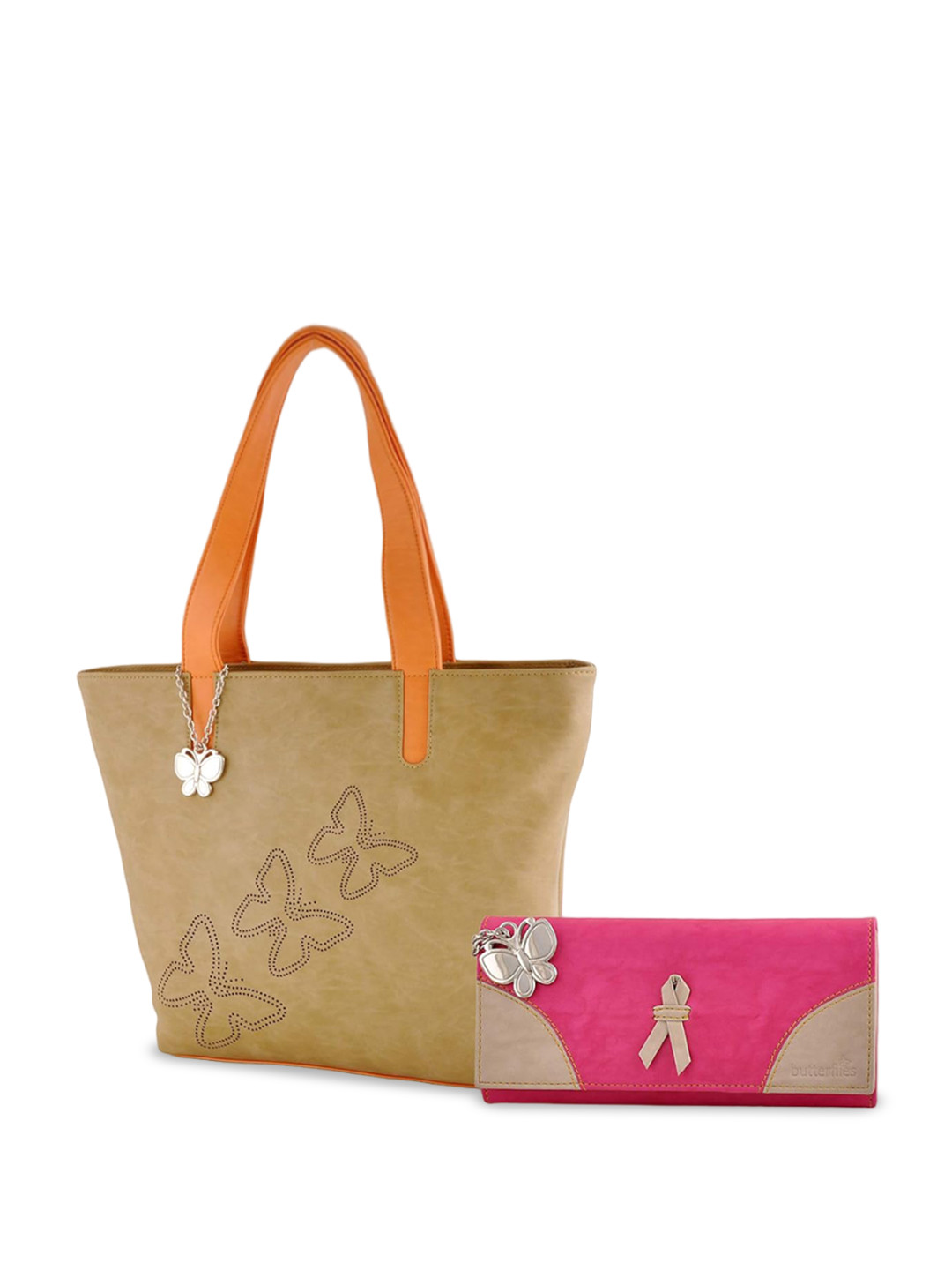 

Butterflies Cut Work PU Swagger Shoulder Bag & Pouch, Beige