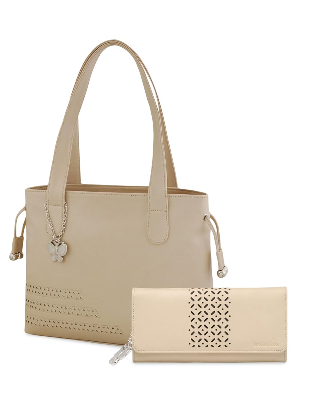 

Butterflies PU Structured Shoulder Bag With Cut Work & Pouch, Cream