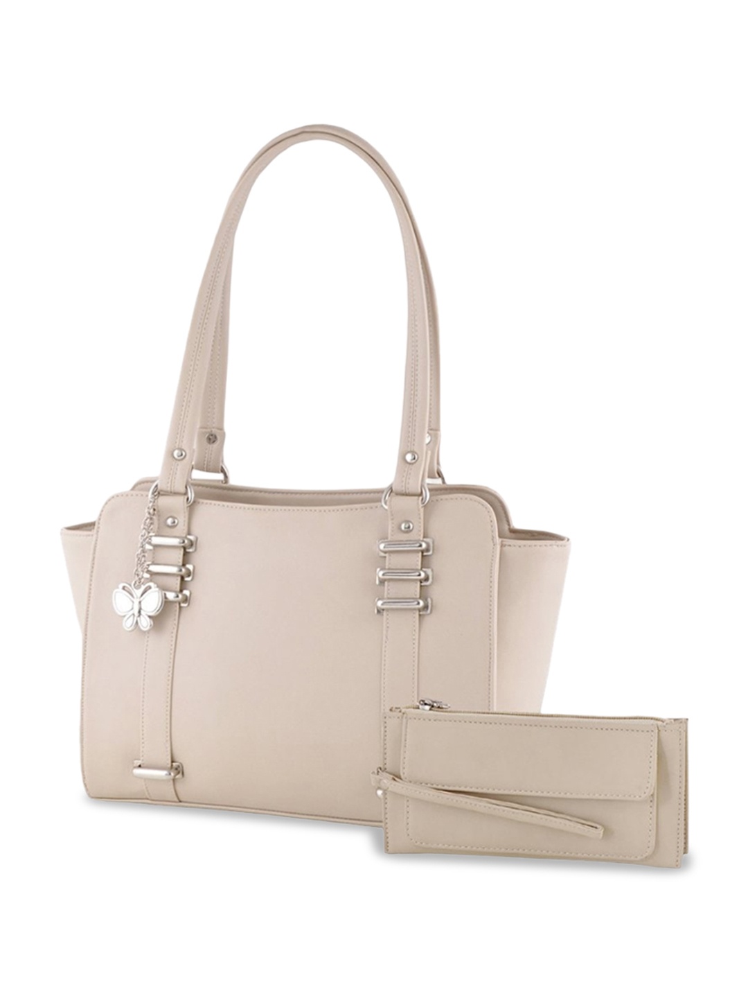 

Butterflies Zip Detail PU Structured Shoulder Bag & Pouch, Cream