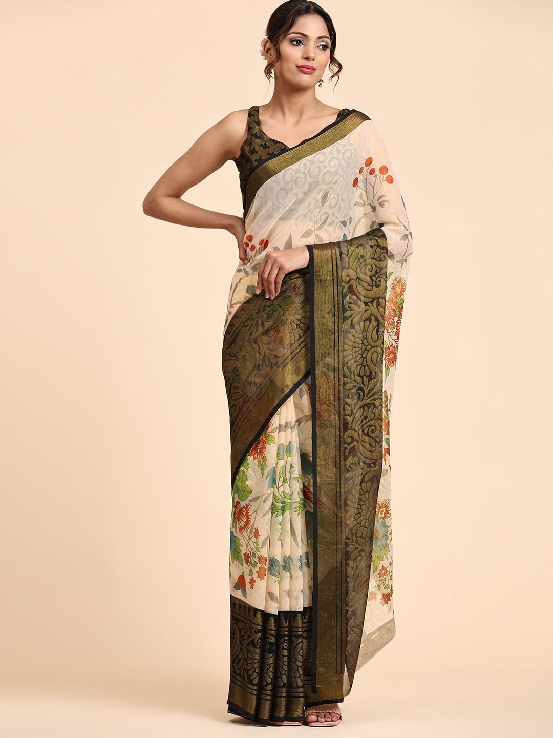 Sanwariya Silk Floral Zari Pure Georgette Saree, Black