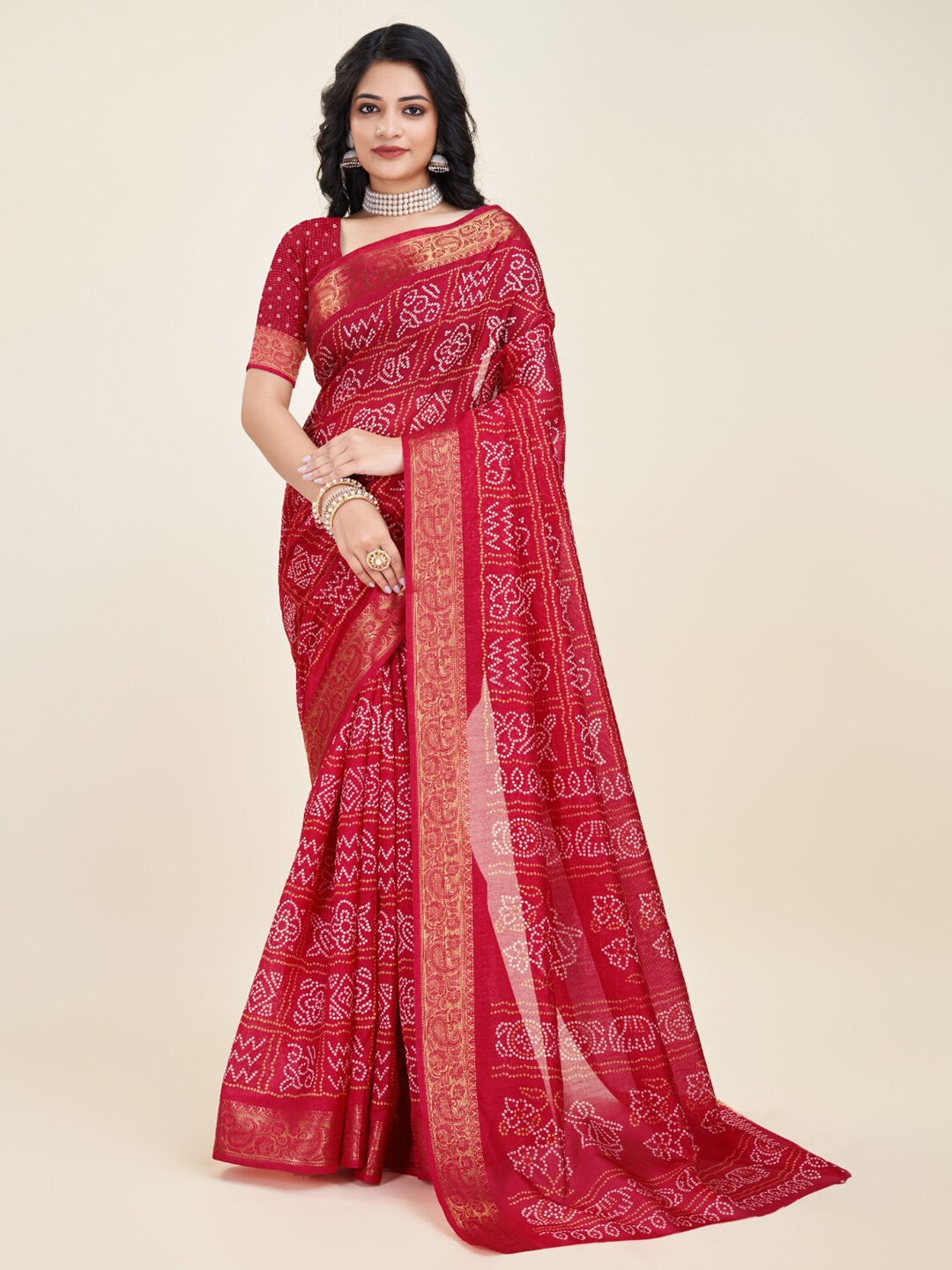 

Sanwariya Silk Bandhani Printed Zari Chanderi Saree, Red