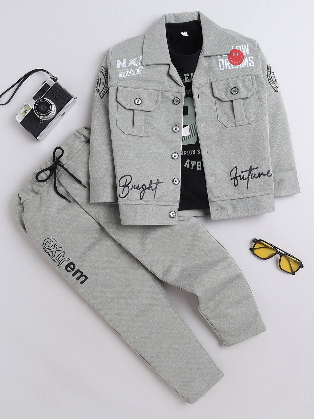 

FOURFOLDS Boys Graphic Printed T-shirt with Trousers & Coat, Grey