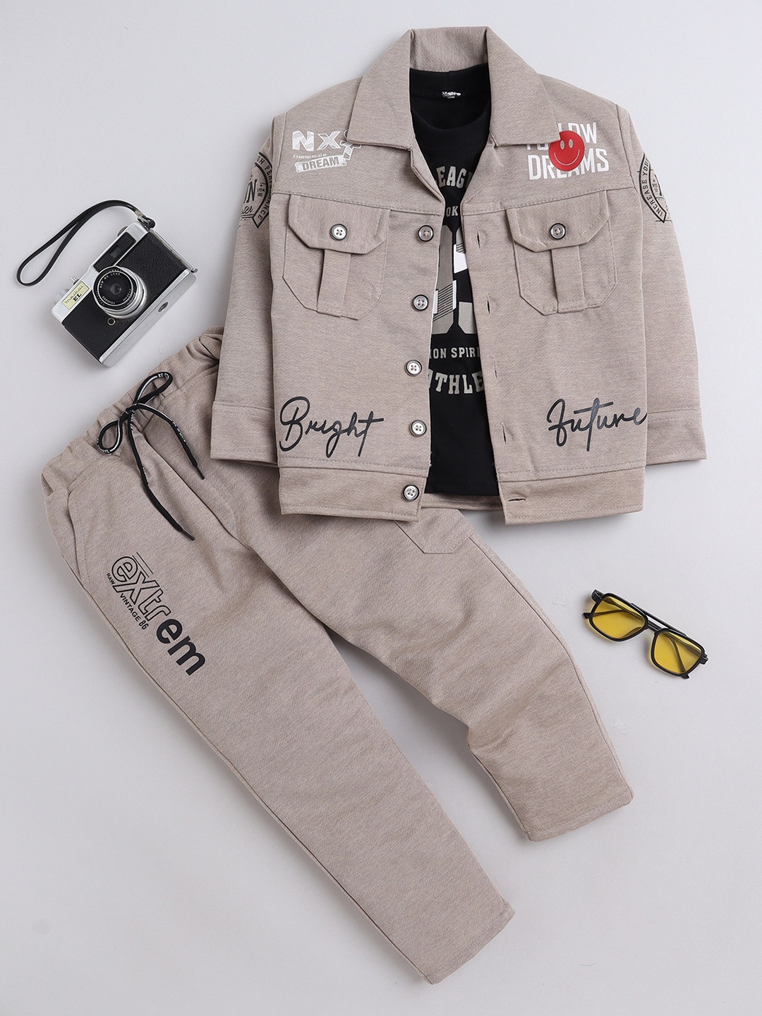 

FOURFOLDS Boys Graphic Printed T-shirt with Trousers & Coat, Beige