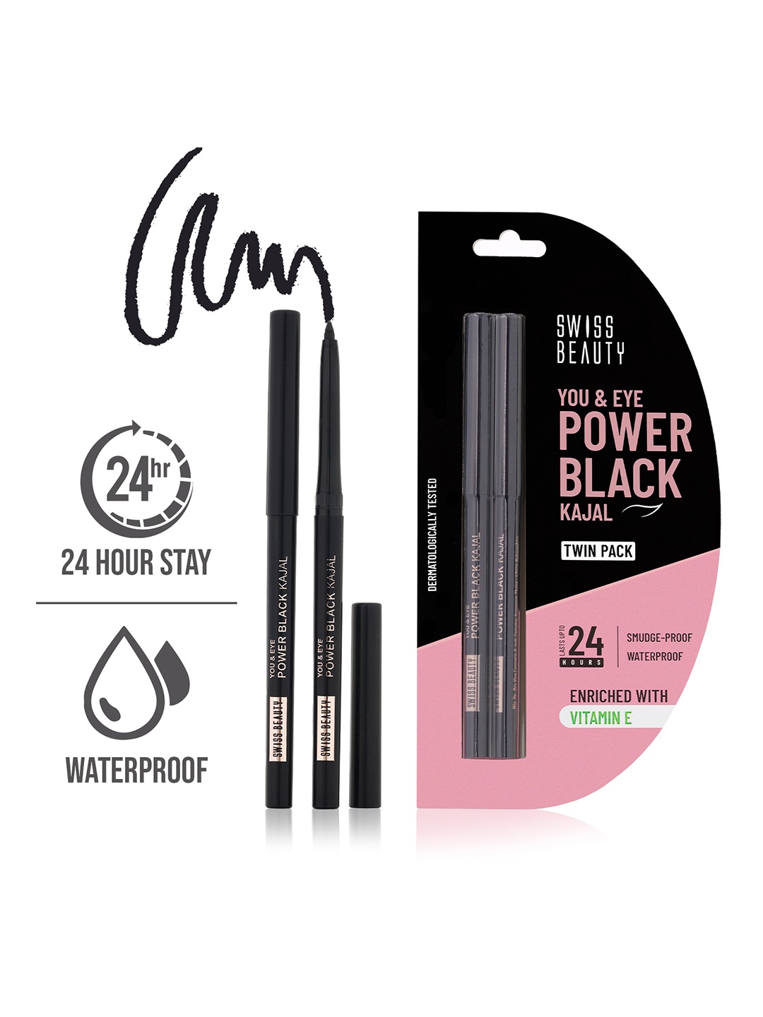 

SWISS BEAUTY You & Eye Power Black Waterproof Kajal with Vitamin E - Twin Pack