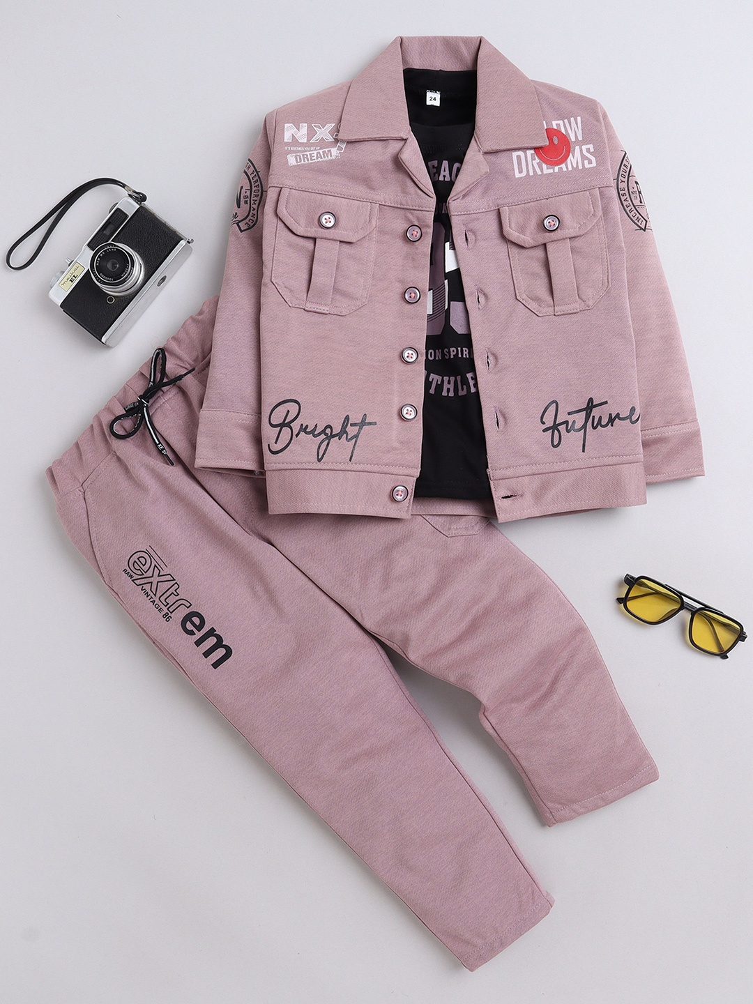 

BAESD Boys Typography Printed T-shirt With Trouser & Jacket, Pink