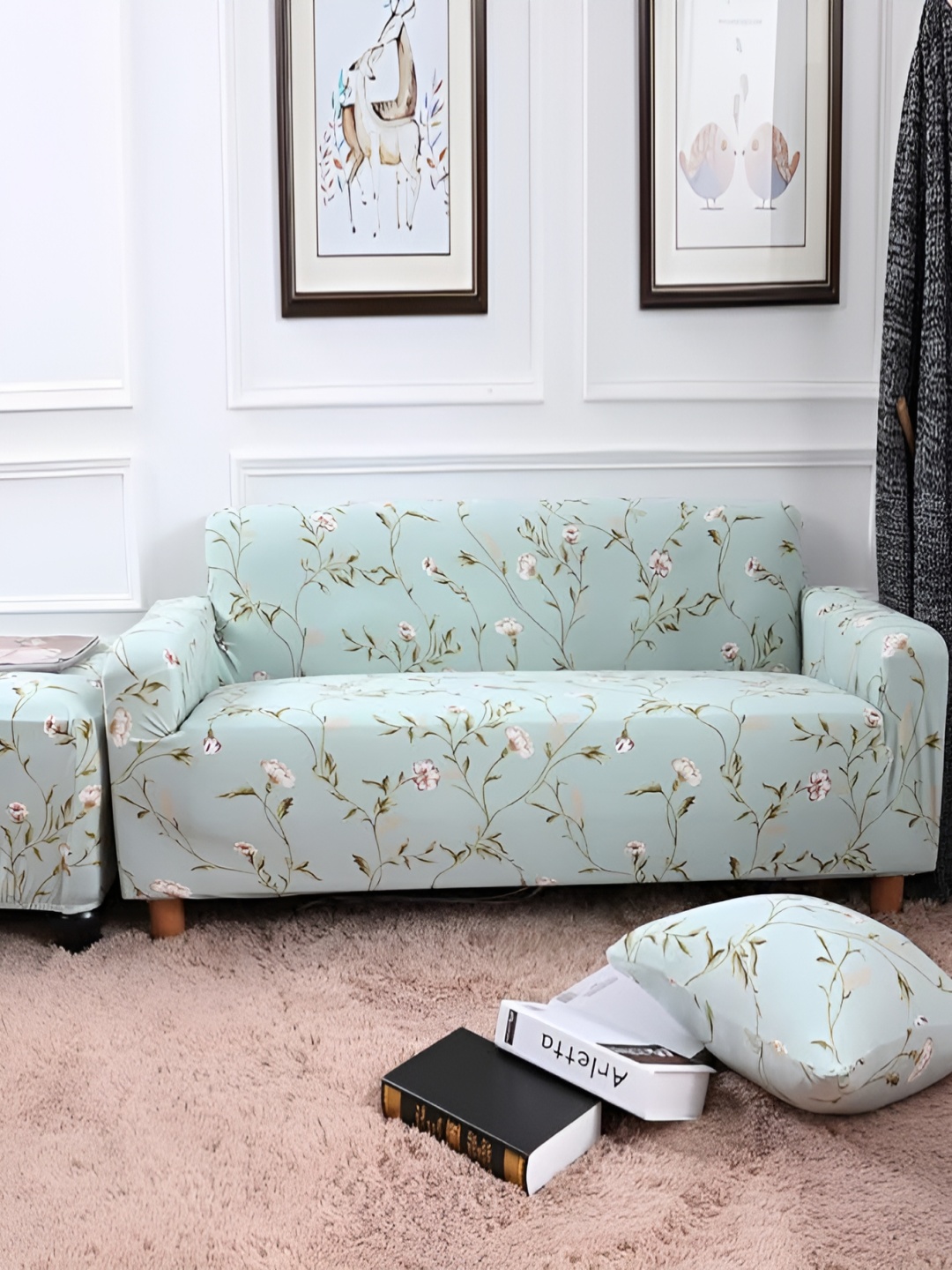 

TONY STARK Green Floral Printed 4 Seater Sofa Cover With Arms