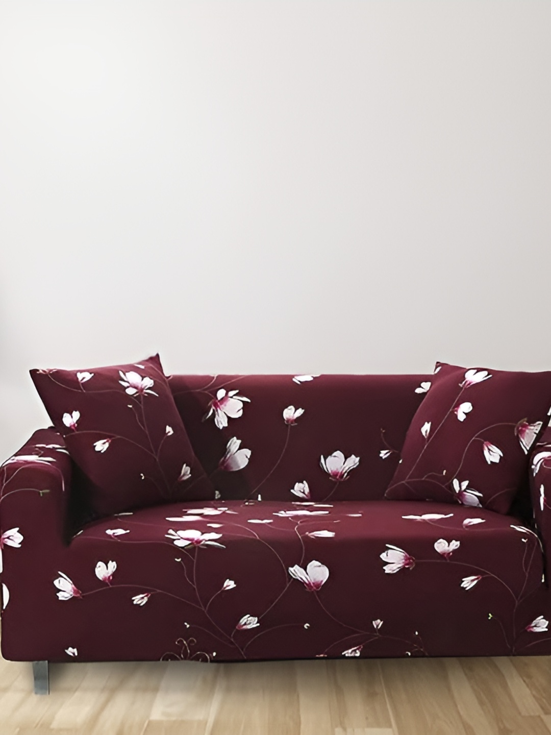 

TONY STARK Maroon Floral Printed 4 Seater Sofa Cover With Arms