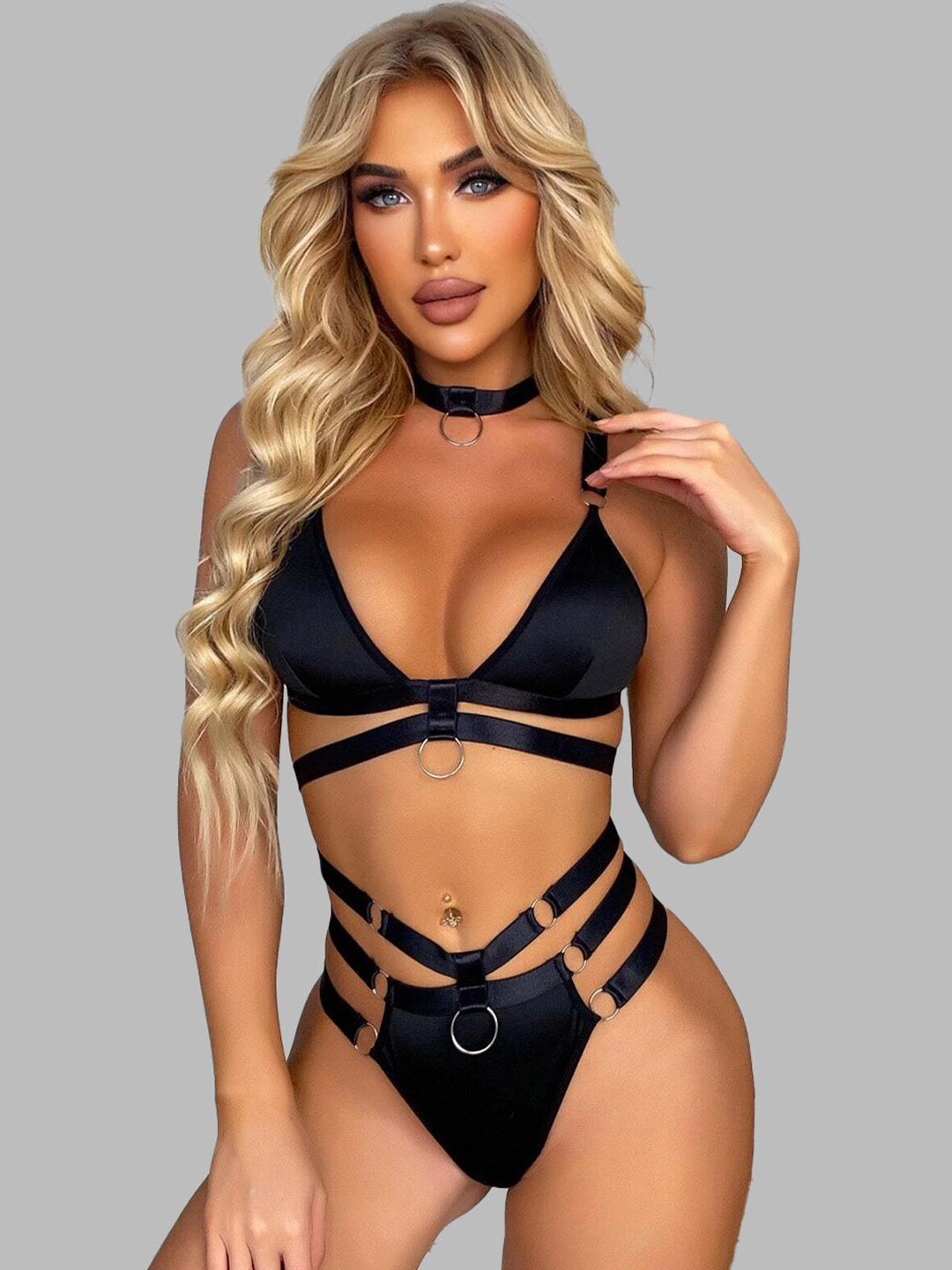 

FIMBUL Strappy Garter Belt Non-Padded Lingerie Set, Black