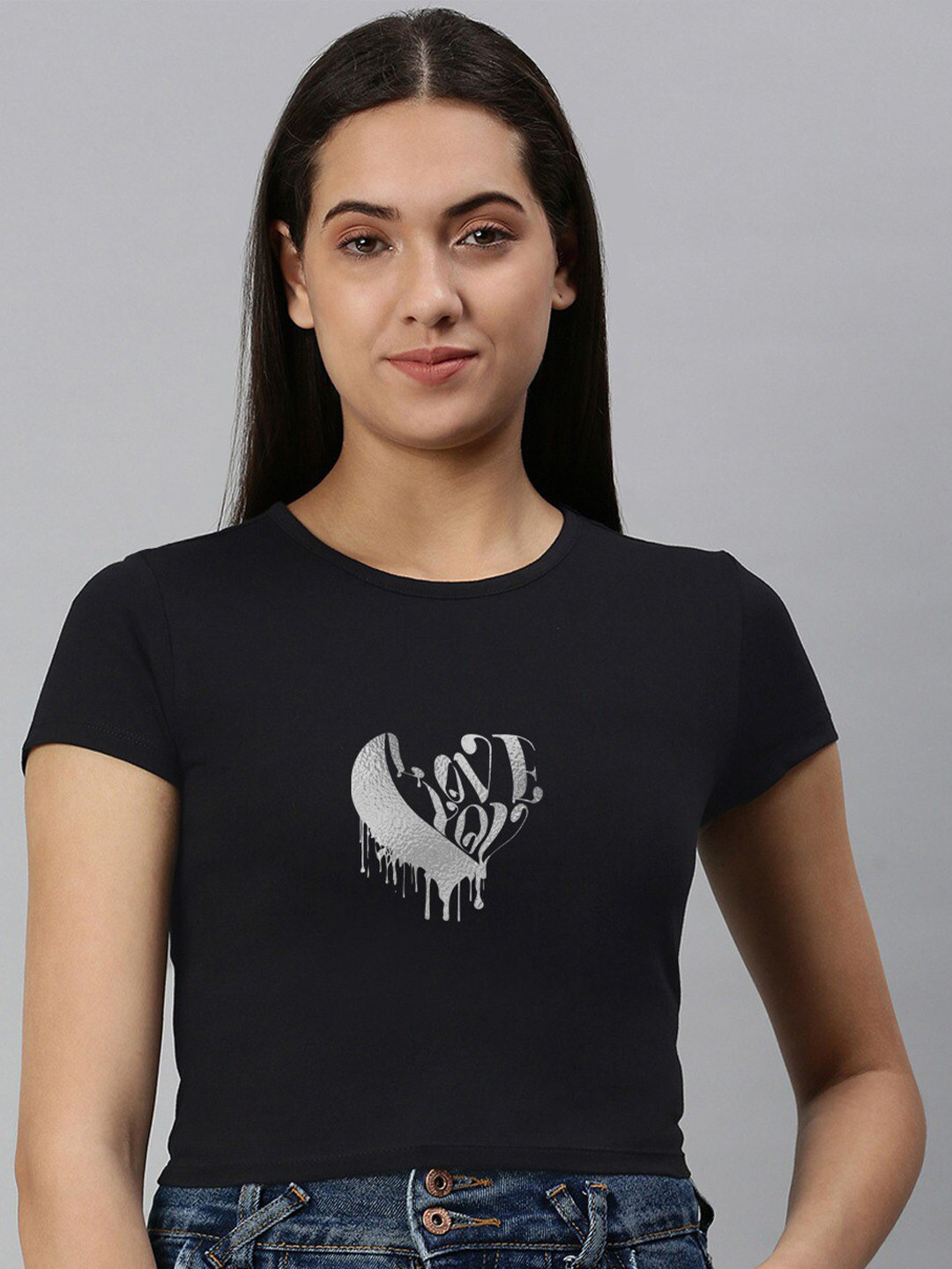 

Huetrap Graphic Printed Cotton Crop T-shirt, Black