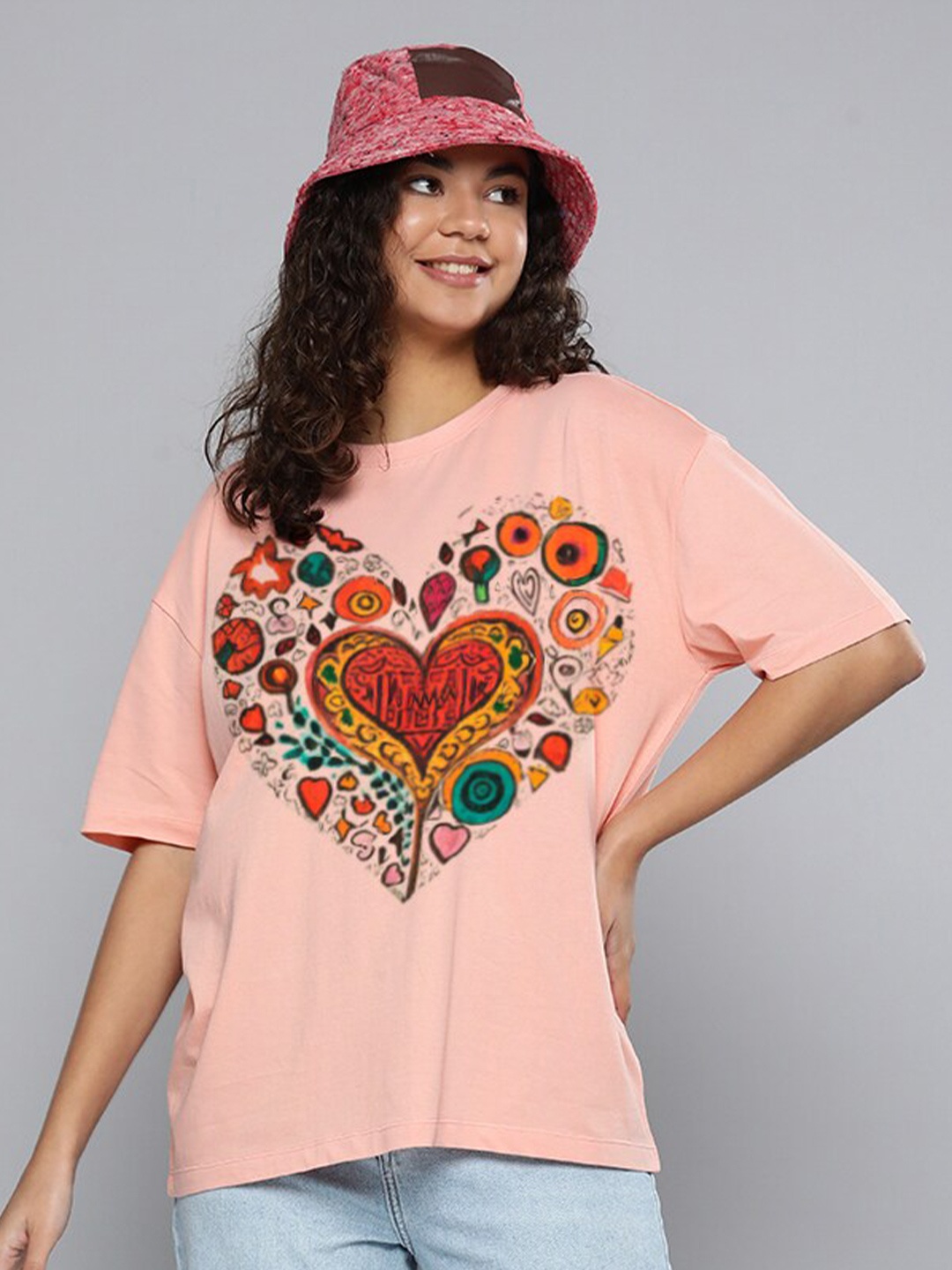 

Huetrap Graphic Printed Drop-Shoulder Sleeves Cotton Oversized T-shirt, Coral