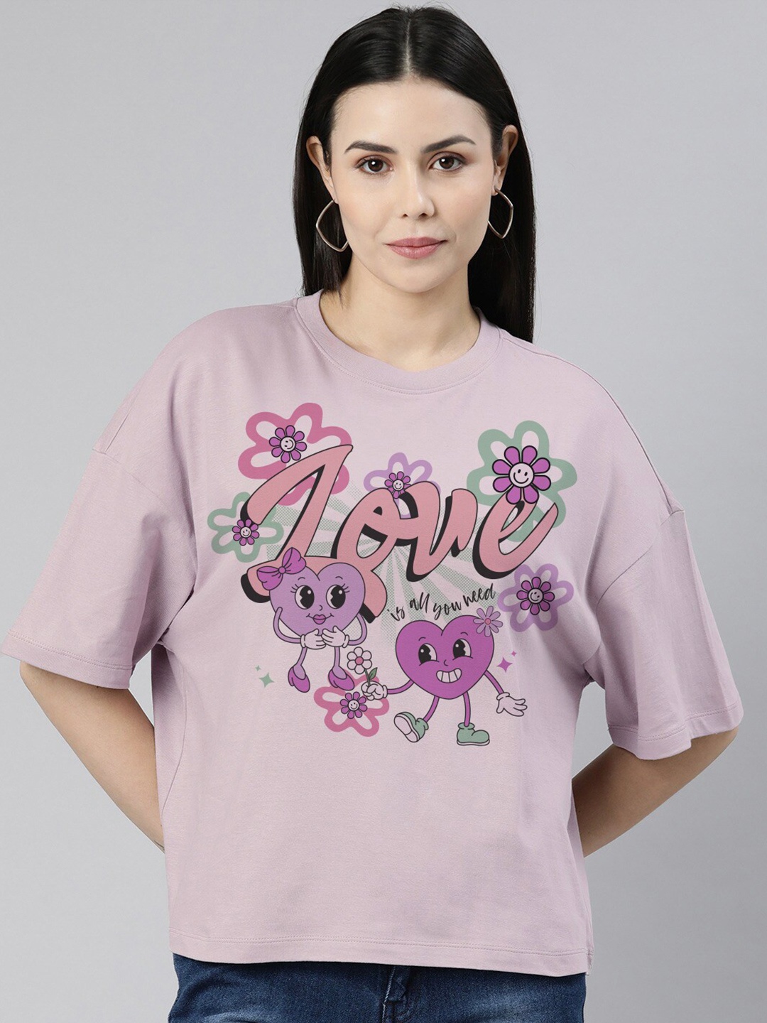 

Huetrap Typography Printed Oversized Cotton T-shirt, Pink