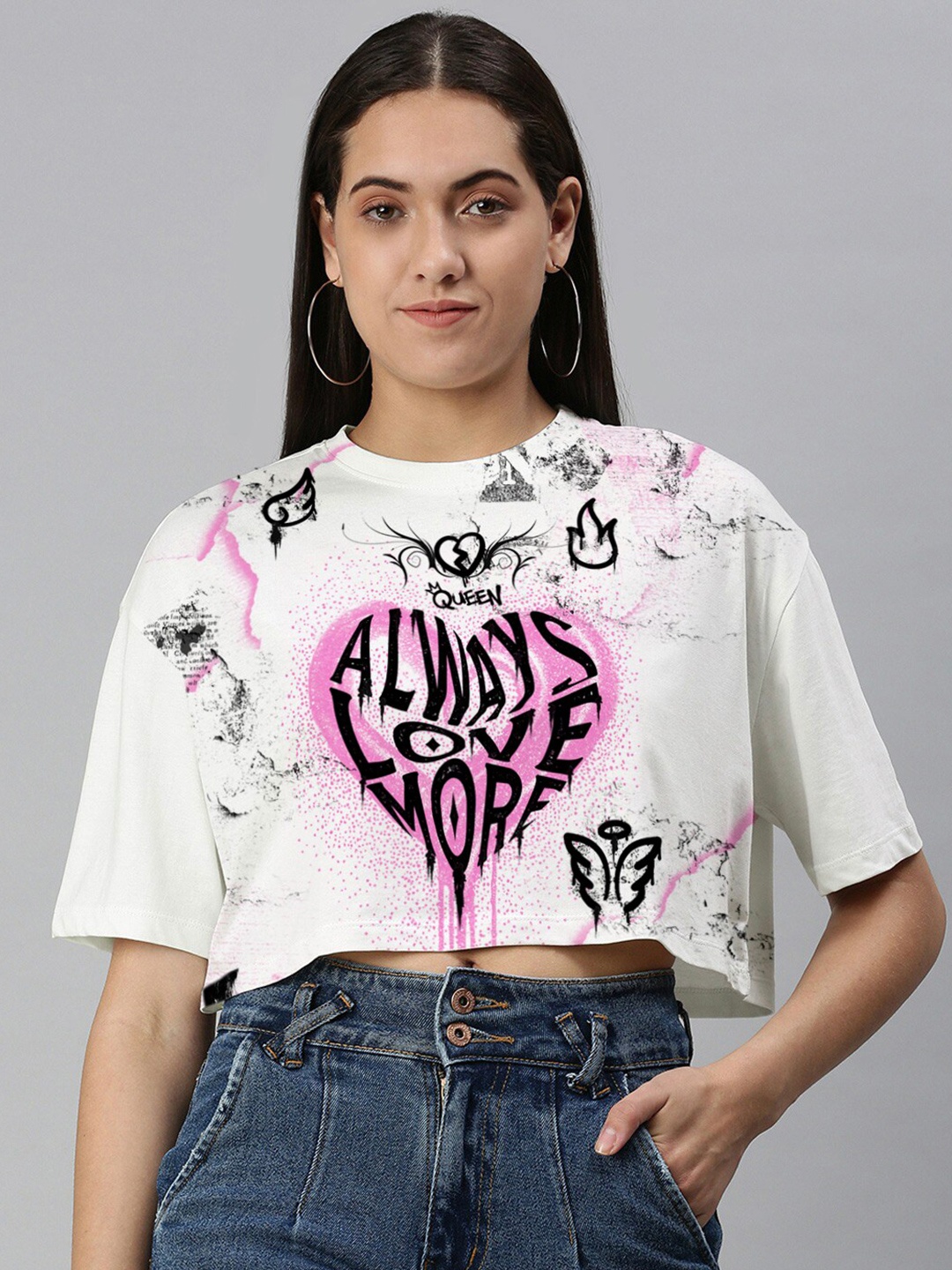 

Huetrap Typography Printed Oversized Cotton Crop T-shirt, White