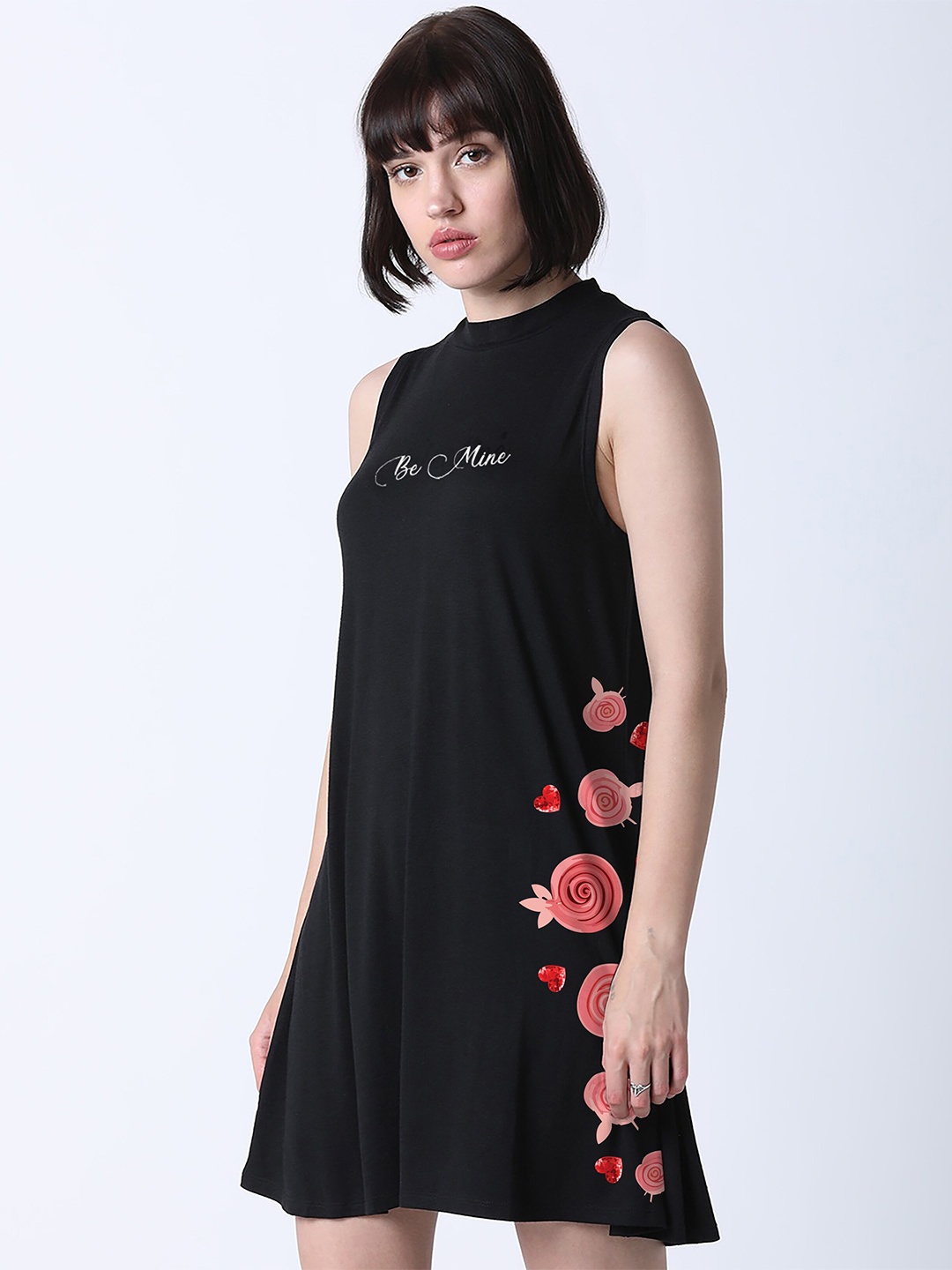 

Huetrap Floral Printed Cotton A-Line Dress, Black