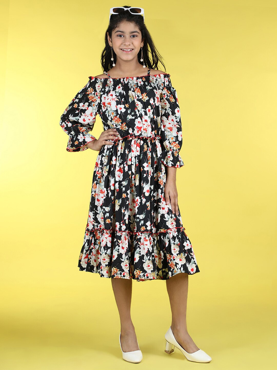 

Cutiekins Girls Floral Printed Bell Sleeve Fit & Flare Midi Dress, Black