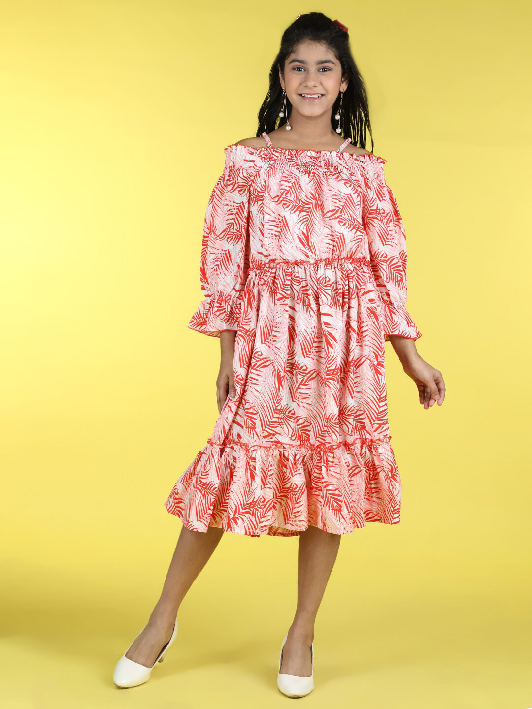 

Cutiekins Girls Floral Printed Shoulder Straps Fit & Flare Midi Dress, Pink
