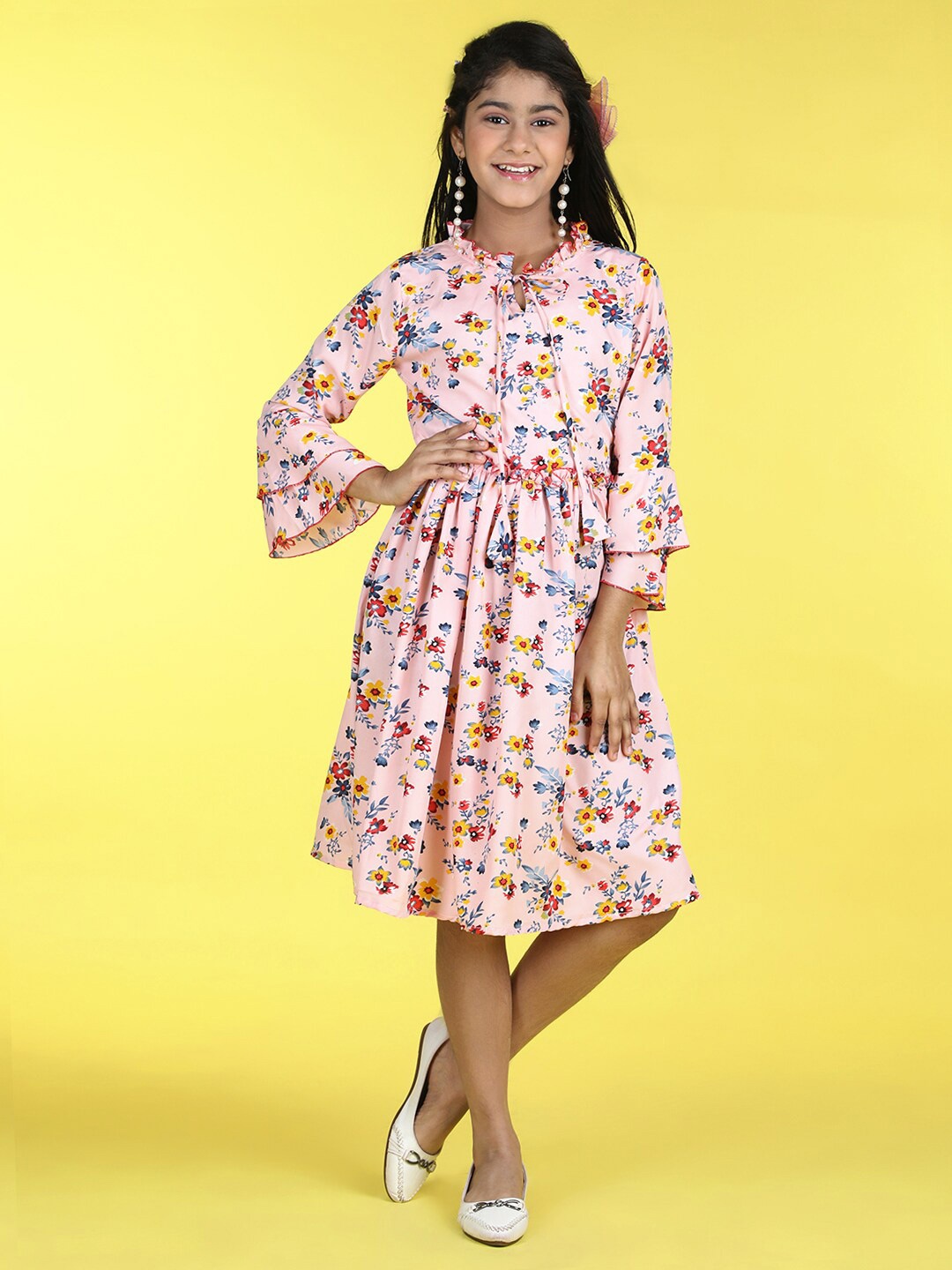 

Cutiekins Girls Floral Printed Tie-Up Neck Fit & Flare Dress, Peach