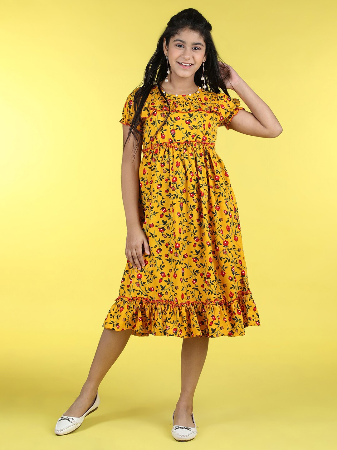 

Cutiekins Girls Floral Printed Round Neck Fit & Flare Midi Dress, Mustard