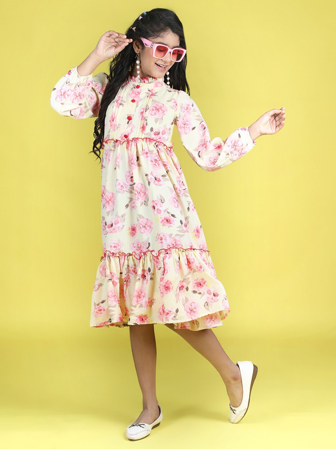 

Cutiekins Girls Floral Printed Round Neck Knee Length A-Line Dress, Yellow