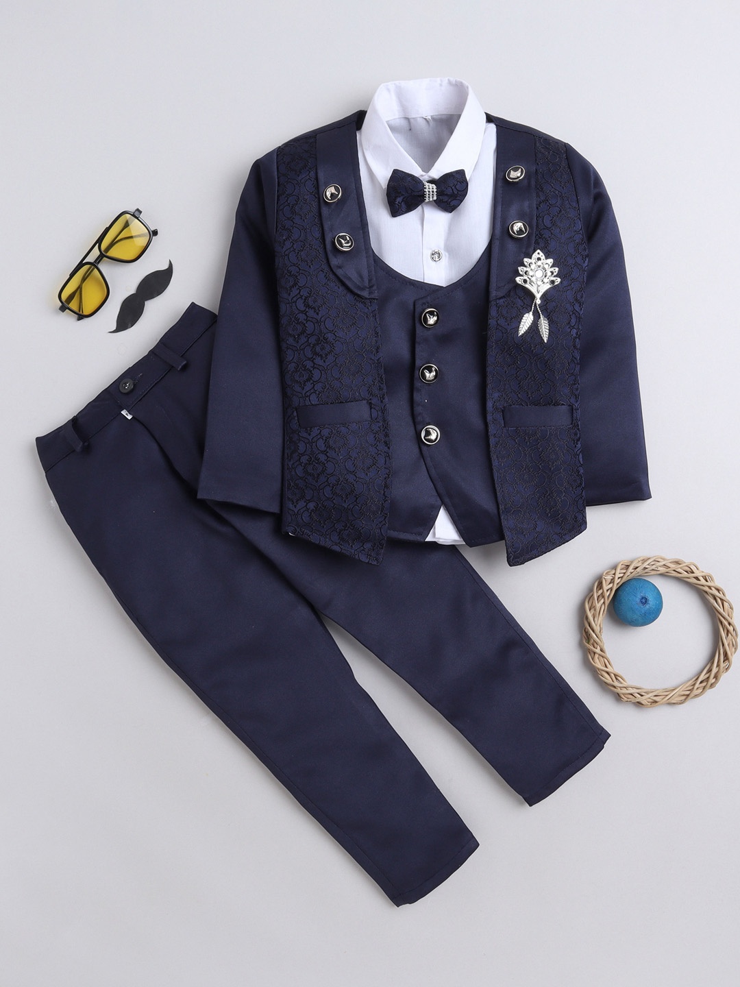 

FOURFOLDS Boys Lapel Collar Single-Breasted Four-Piece Party Suit, Navy blue