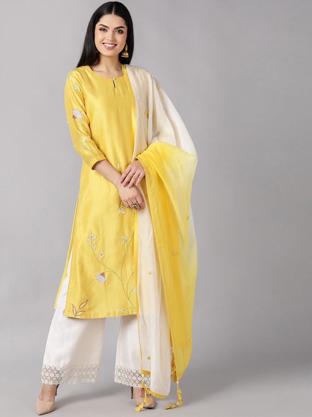 

AHIKA Floral Embroidered Regular Thread Work Kurta With Palazzos & Dupatta, Yellow