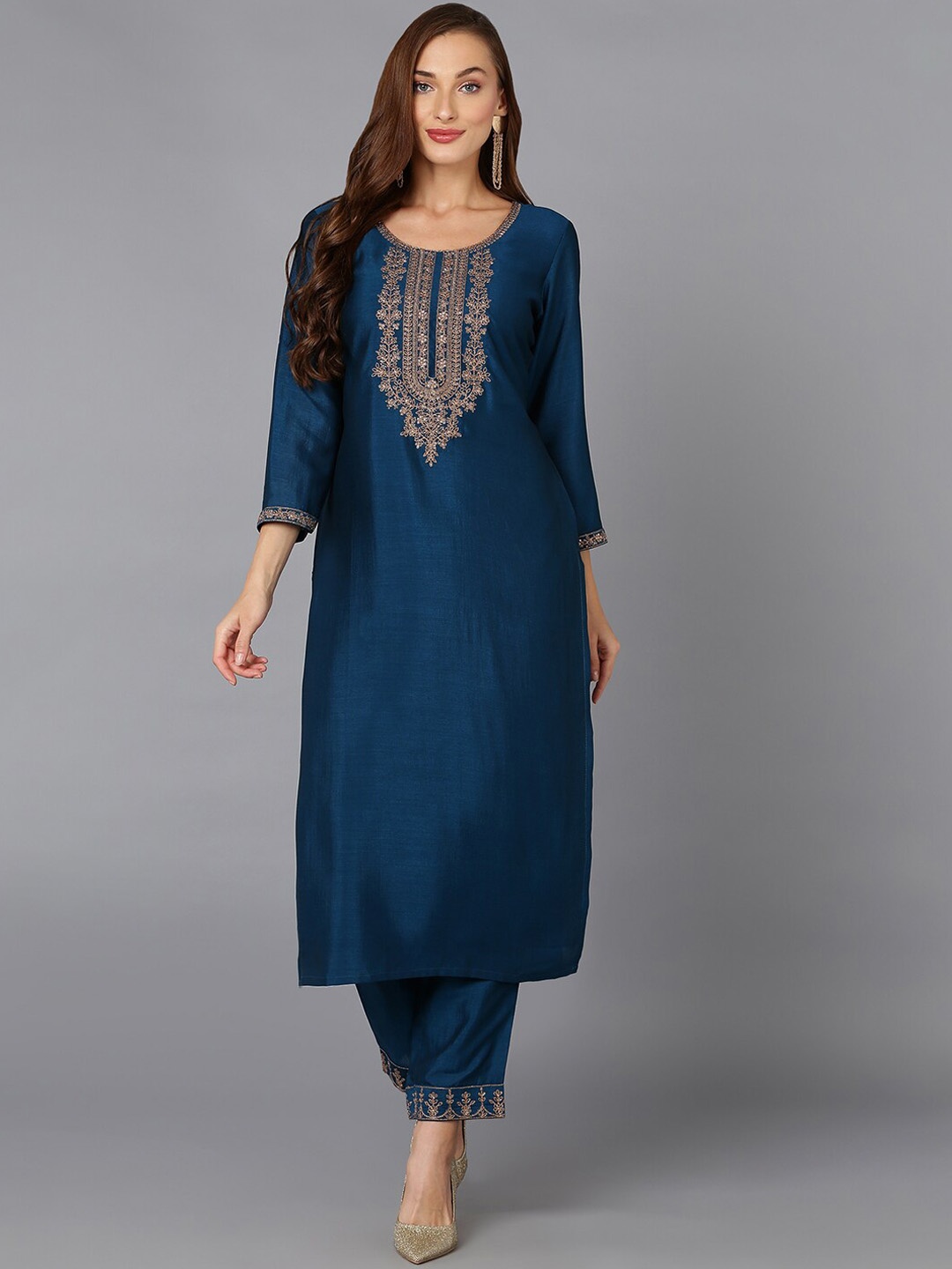 

AHIKA Floral Embroidered Round Neck Three-Quarter Sleeves Kurta with Trousers, Teal