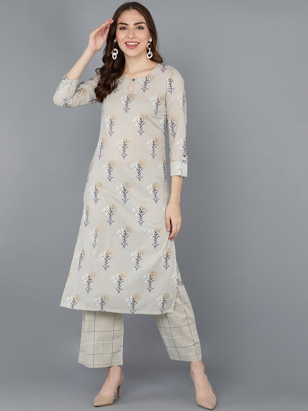 

AHIKA Floral Printed Keyhole Neck Straight Pure Cotton Kurta with Palazzos, Beige