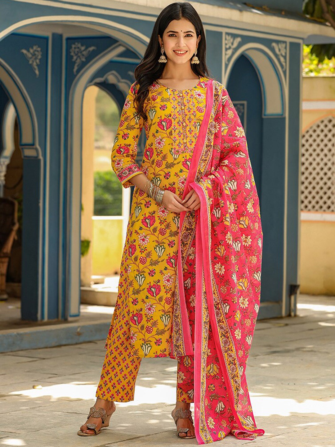 

AHIKA Floral Printed Round Neck Regular Gotta Patti Kurta With Trousers & Dupatta, Mustard