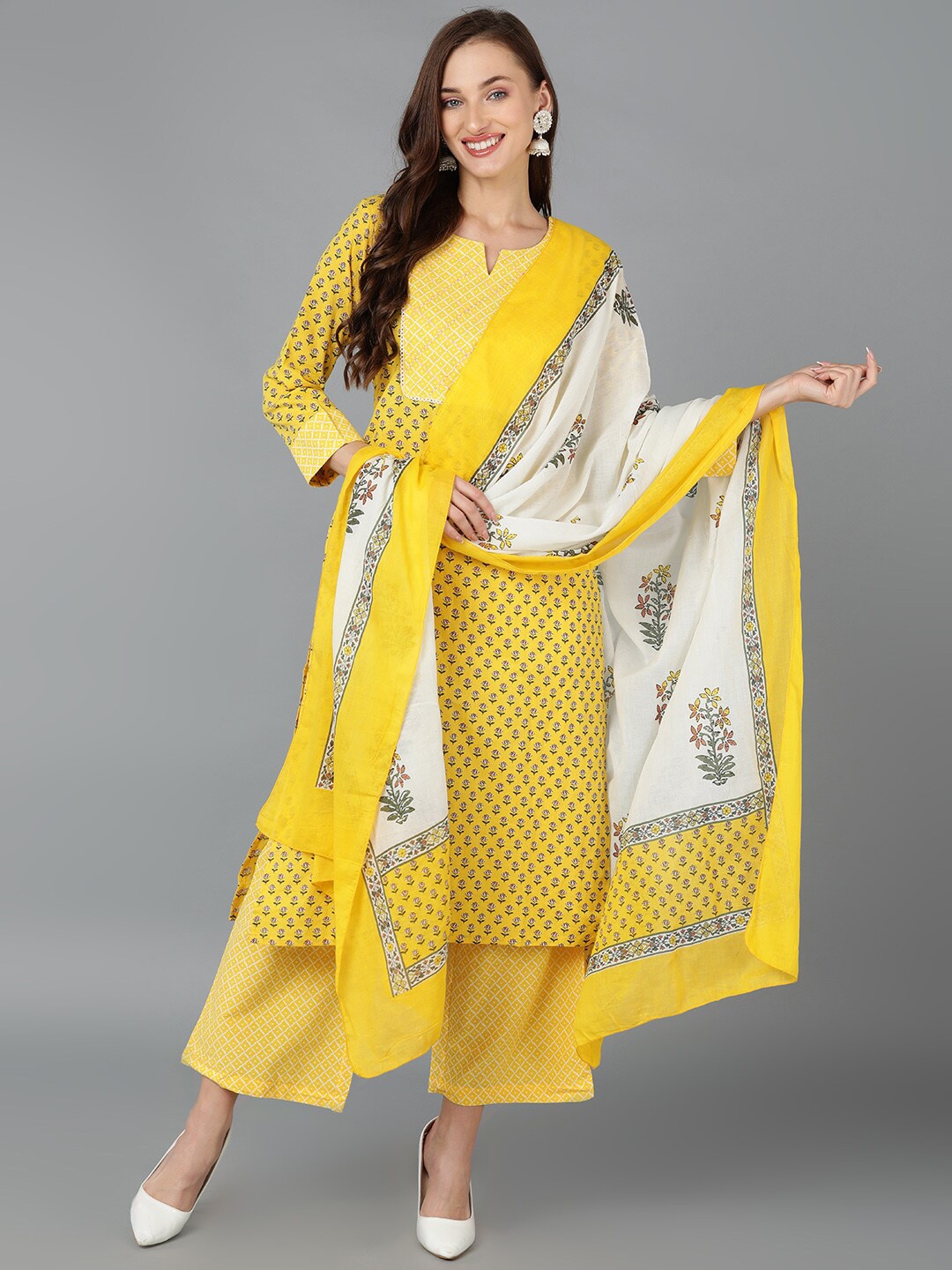 

AHIKA Floral Printed Notched Neck Pure Cotton Straight Kurta with Palazzos & Dupatta, Yellow