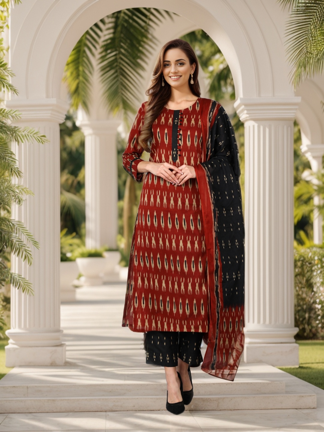 

AHIKA Floral Printed Regular Straight Kurta With Trousers & Dupatta, Maroon