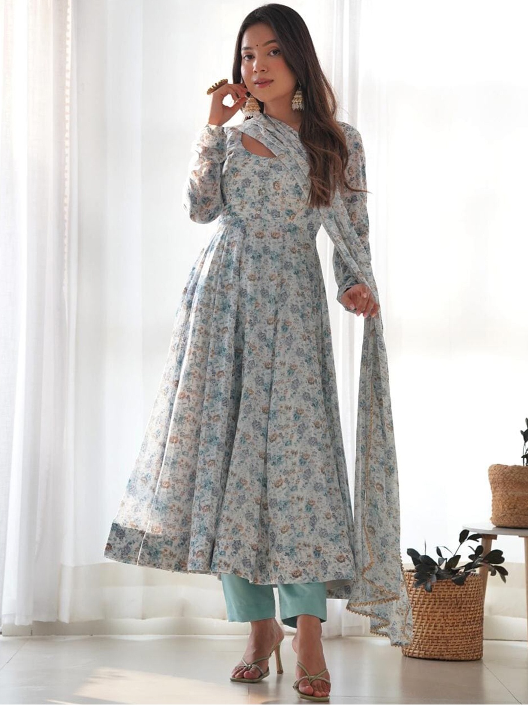 

White World Floral Printed Round Neck Regular Kurta with Trousers & With Dupatta, Turquoise blue