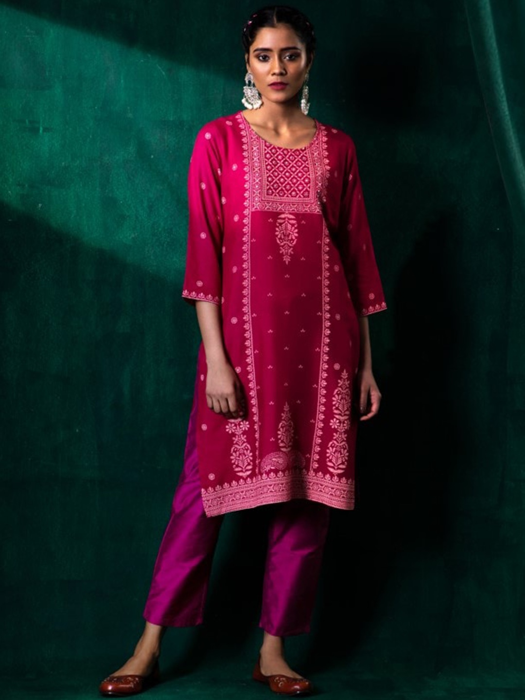

Juniper Ethnic Motifs Printed & Embroidered Anarkali A-Line Kurta, Fuchsia
