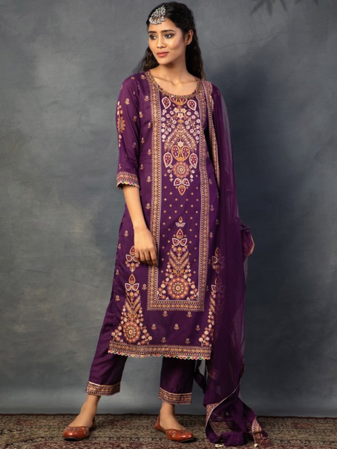 

Juniper Purple Ethnic Motifs Printed Straight Chanderi Silk Kurta With Trousers & Dupatta