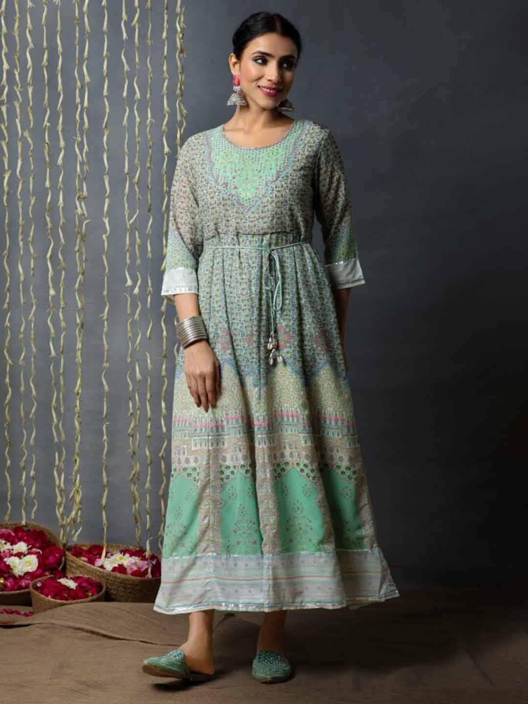 

Juniper Ethnic Motifs Printed Round Neck Tie-Ups Maxi Dress, Green