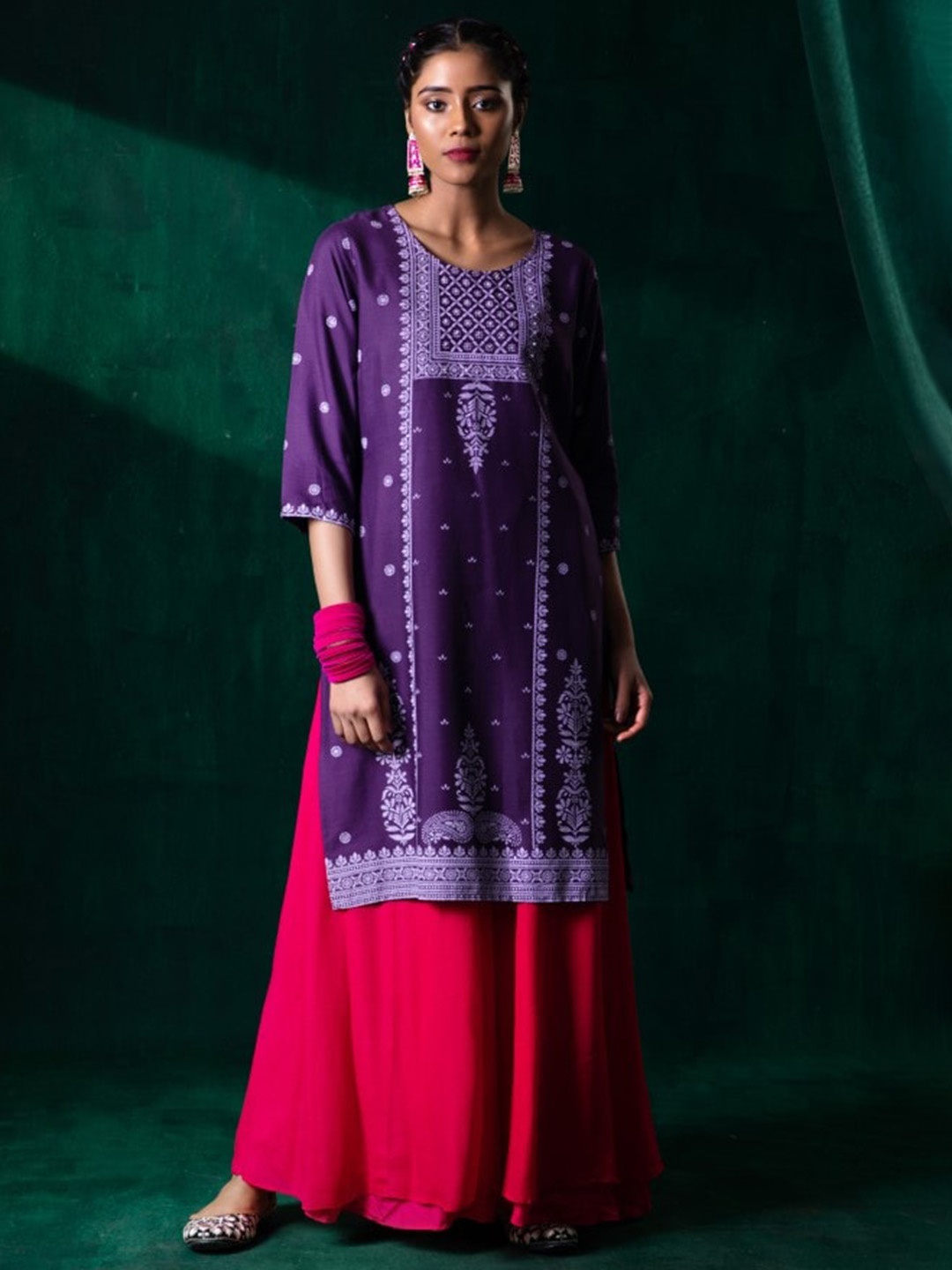 

Juniper Geometric Yoke Design Three Quarter Sleeves Thread Work Liva Kurta, Purple