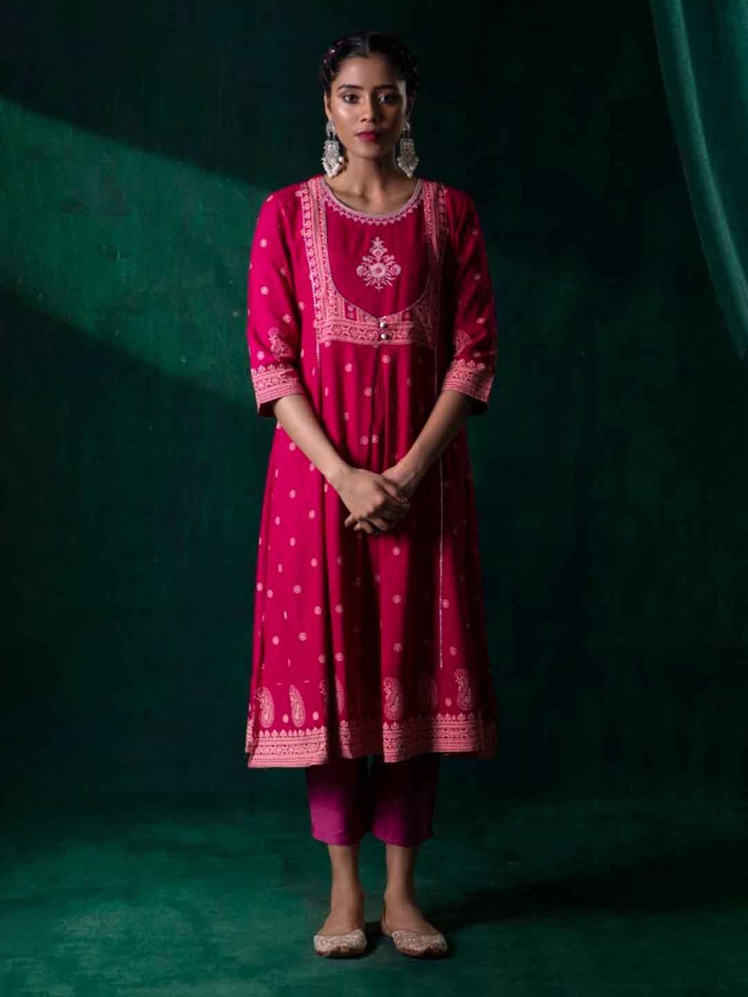

Juniper Round neck Three Quarter Sleeves Ethnic Motifs Print A-Line Dress, Fuchsia
