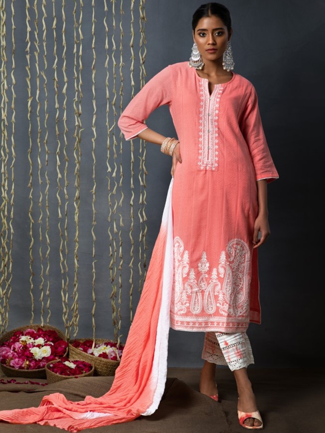 

Juniper Peach Embroidered Straight V-Neck Thread Work Kurta With Trousers & Dupatta