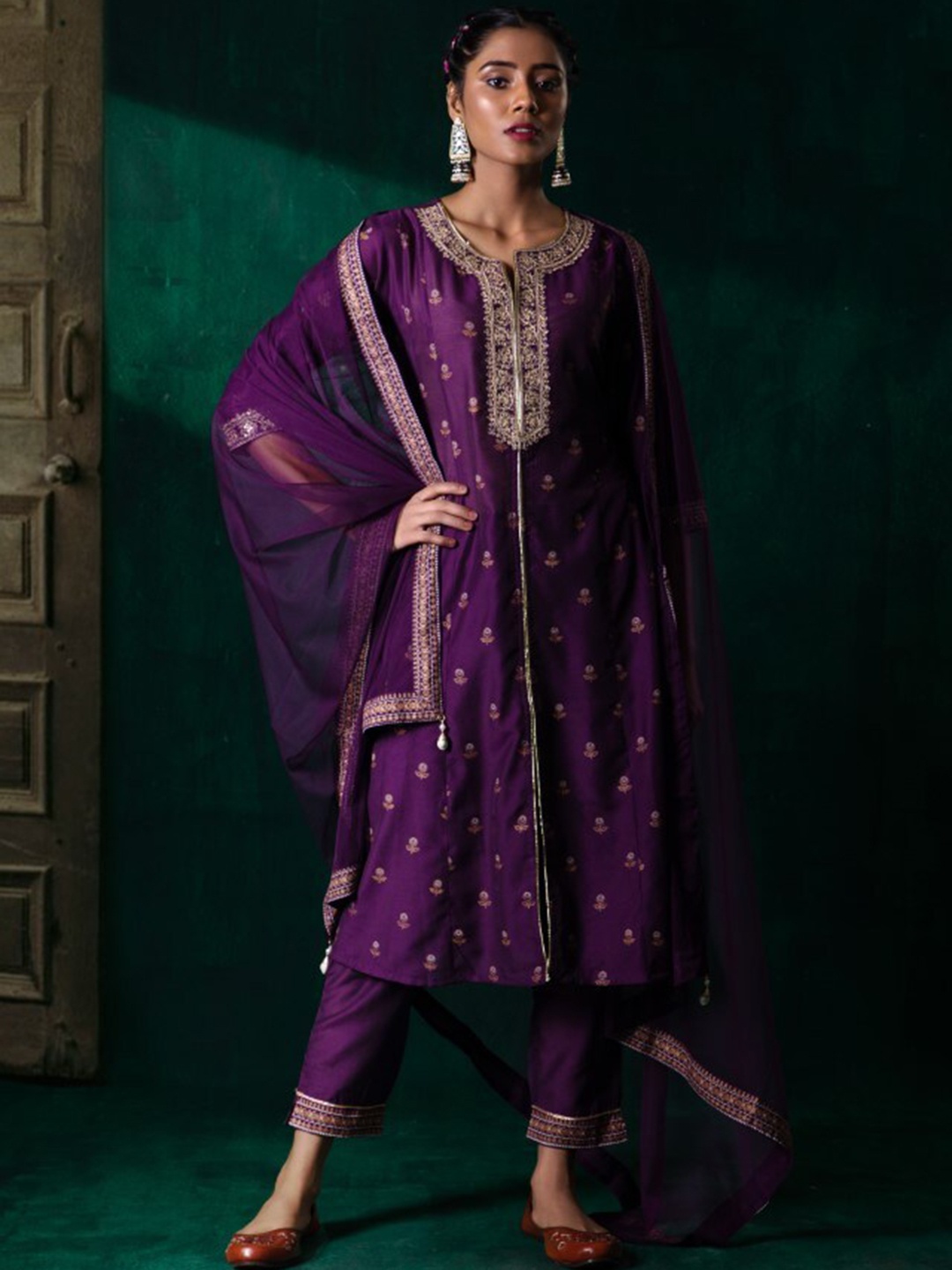 

Juniper Purple Floral Printed Panelled Chanderi Silk Kurta With Trousers & Dupatta