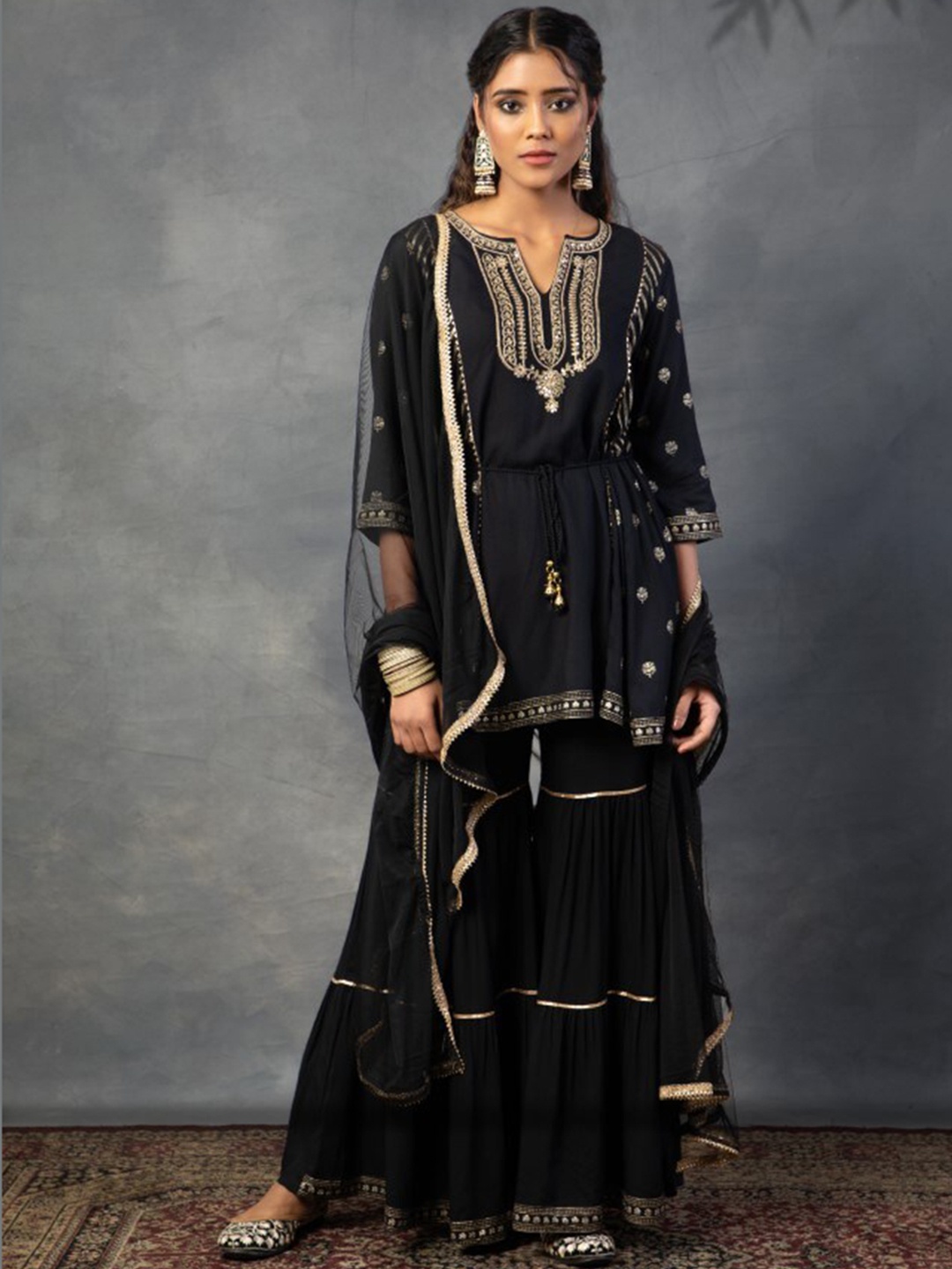 

Juniper Black Floral Embroidered Anarkali Sequinned Kurta With Sharara & Dupatta
