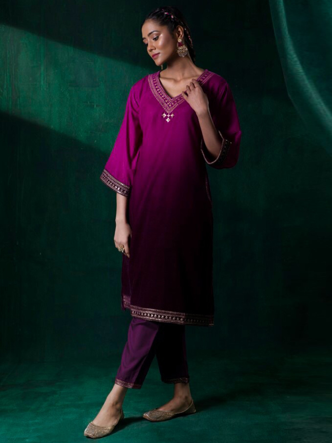 

Juniper Purple Floral Embroidered A-Line Sequinned Kurta With Trouser